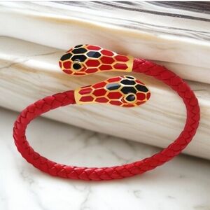 18k Gold Plated Snake Serpent Red Black Enamel Braided Leather Bracelet